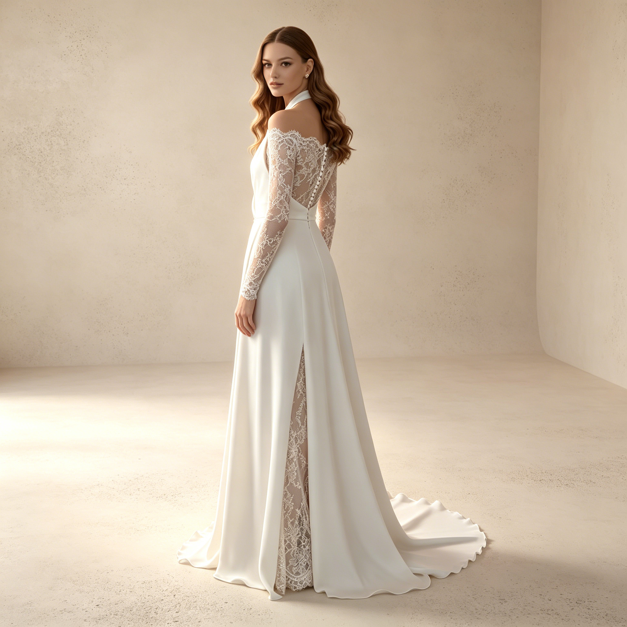 Halterneck Abendkleid mit Spitzenärmeln – Elegantes Maxikleid in Wickel-Optik