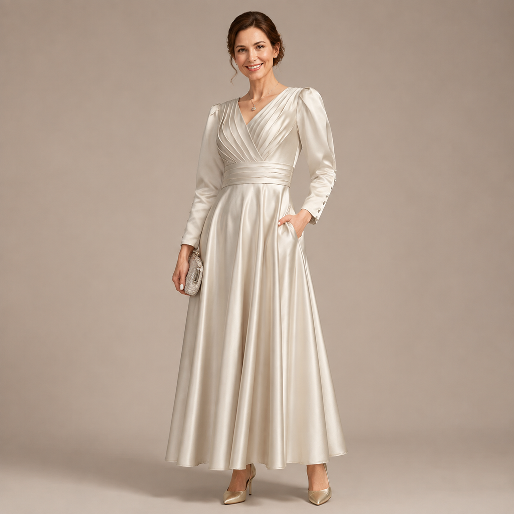 Elegantes Maxi‑Kleid Damen mit Langarm, V‑Ausschnitt, Taillenbänder, fließender Festlook für besondere Anlässe