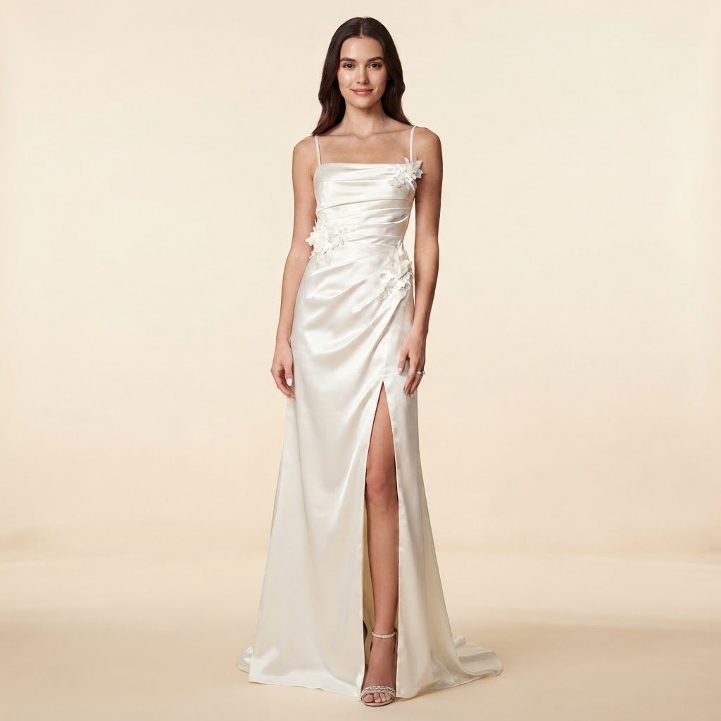 Elegantes Träger‑Abendkleid mit 3D‑Blumen Damen Lang Maxikleid Schlitz Cut‑Out Rücken Figurbetont