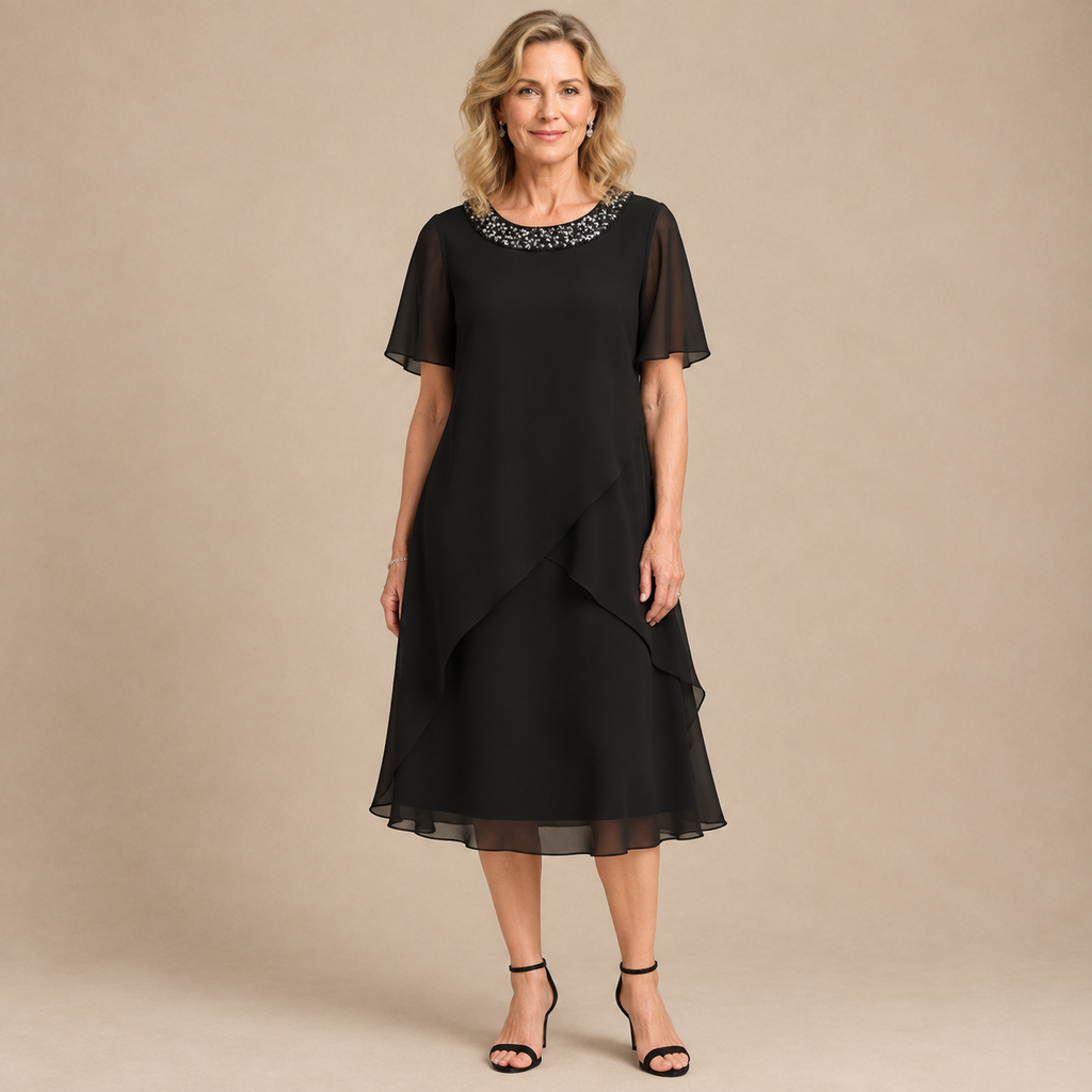 Elegantes Midi Festkleid für Damen, kurze Flügelärmel, verzierter Rundhals für Gala‑Abende und formelle Events