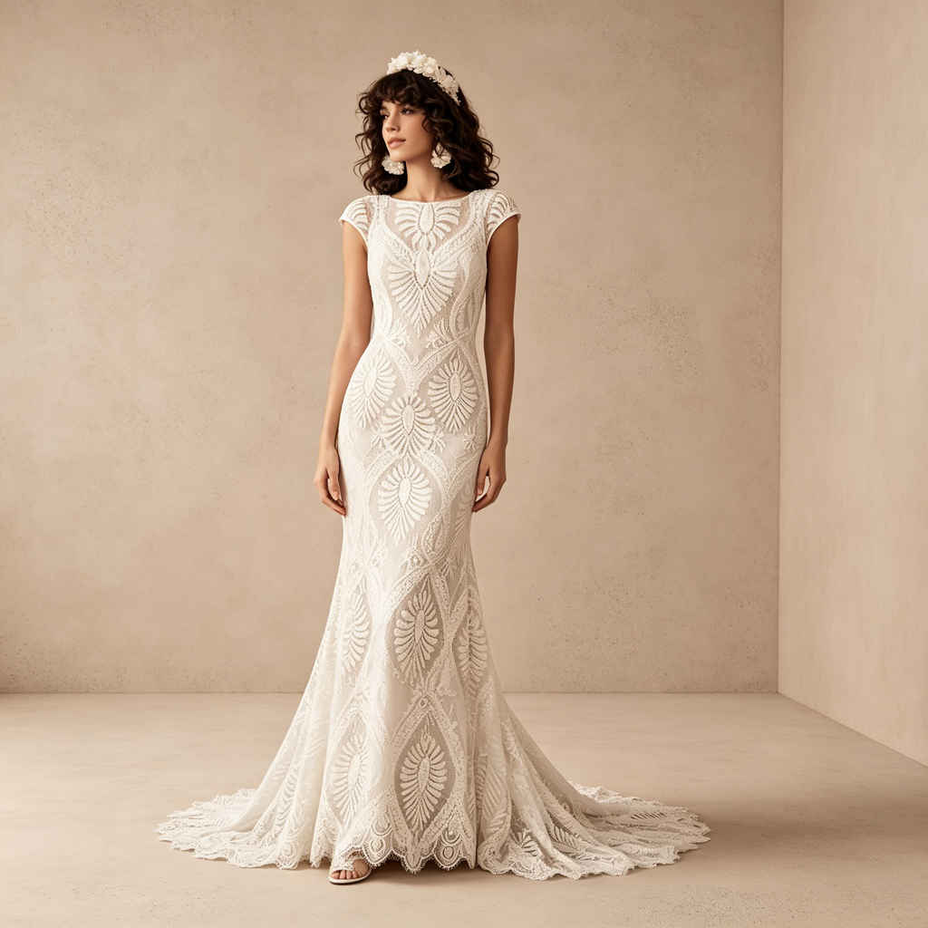 Elegantes Gala-Kleid Figurbetont mit Geometrischer Spitze und Capsleeves