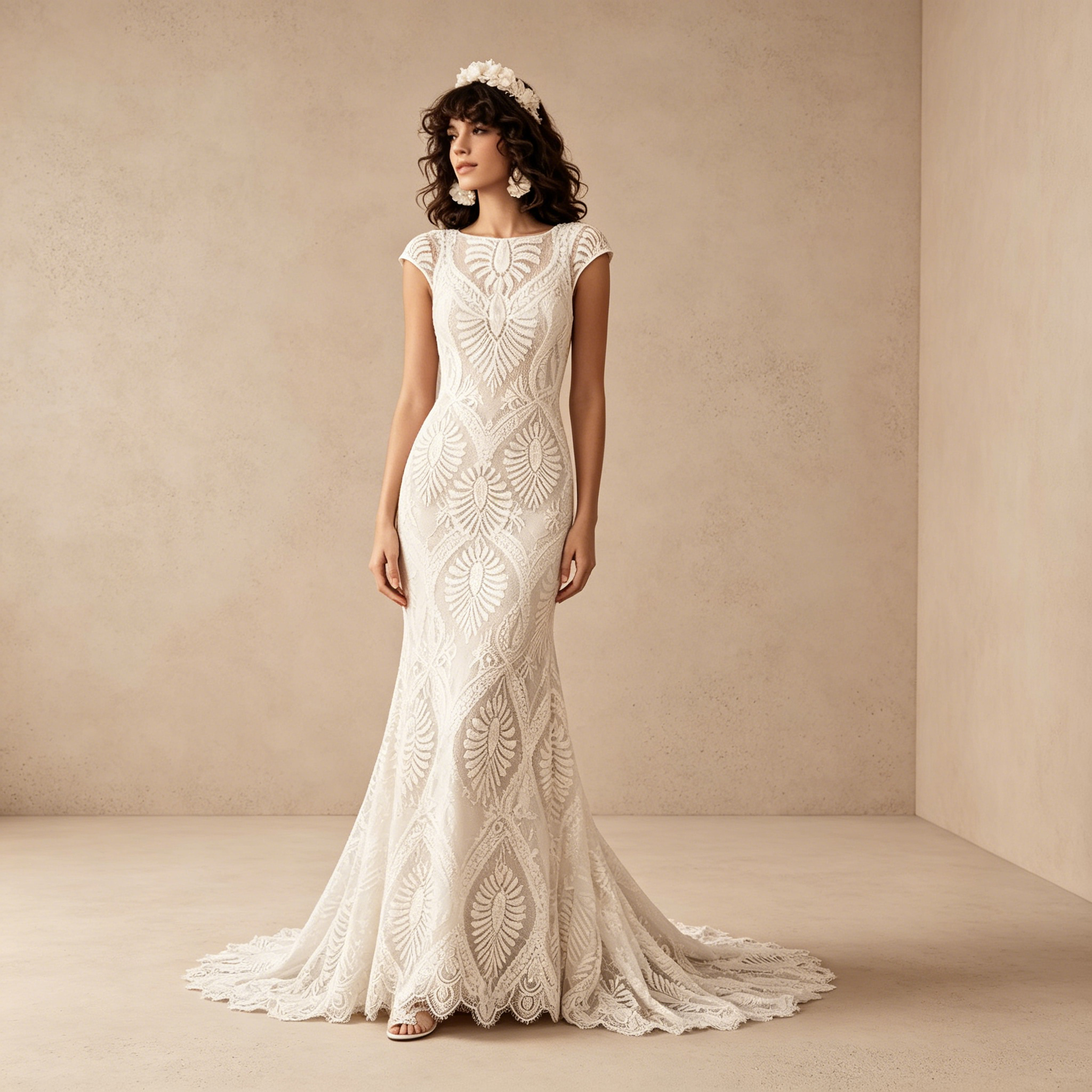 Elegantes Gala-Kleid Figurbetont mit Geometrischer Spitze und Capsleeves