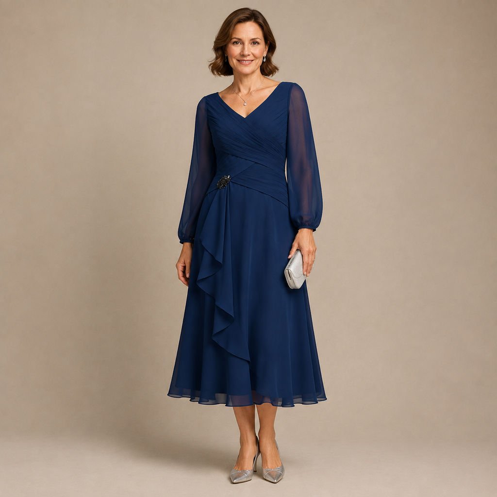 Elegantes Midi Festkleid für Damen, lange Chiffon‑Ärmel, V‑Ausschnitt, figurbetont für Gala‑Abende und formelle Events