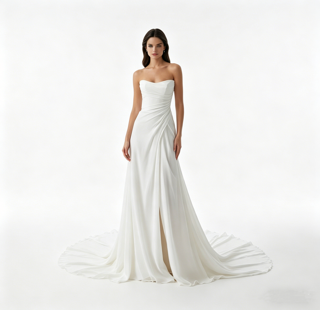 Exklusives weißes Satin-Maxikleid trägerlos mit Raffungen, elegantes bodenlanges Abendkleid mit Schlitz und Schleppe