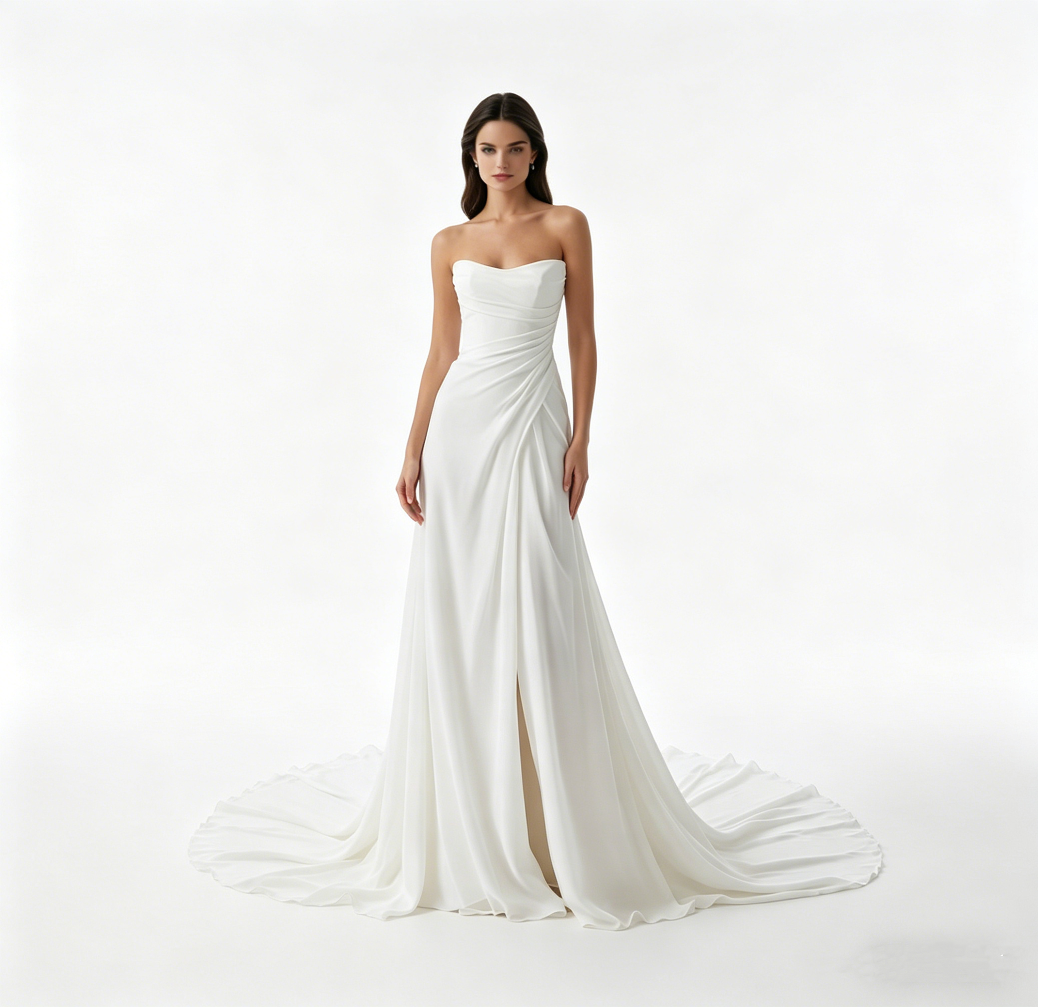 Exklusives weißes Satin-Maxikleid trägerlos mit Raffungen, elegantes bodenlanges Abendkleid mit Schlitz und Schleppe