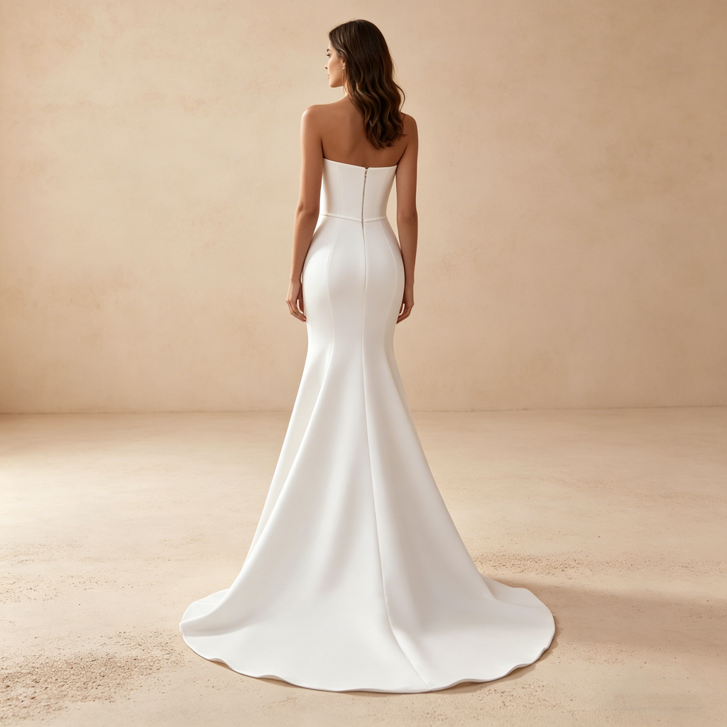 Elegantes Abendkleid in Reinweiß, Bodenlanges Maxikleid mit Meerjungfrau-Silhouette, Trägerlose Luxus-Galarobe