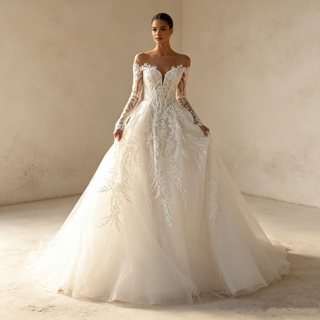 Exklusives Off-Shoulder Abendkleid mit Langarm-Spitze – Prachtvolles Ballkleid mit Barock-Stickerei und voluminösem Tüllrock