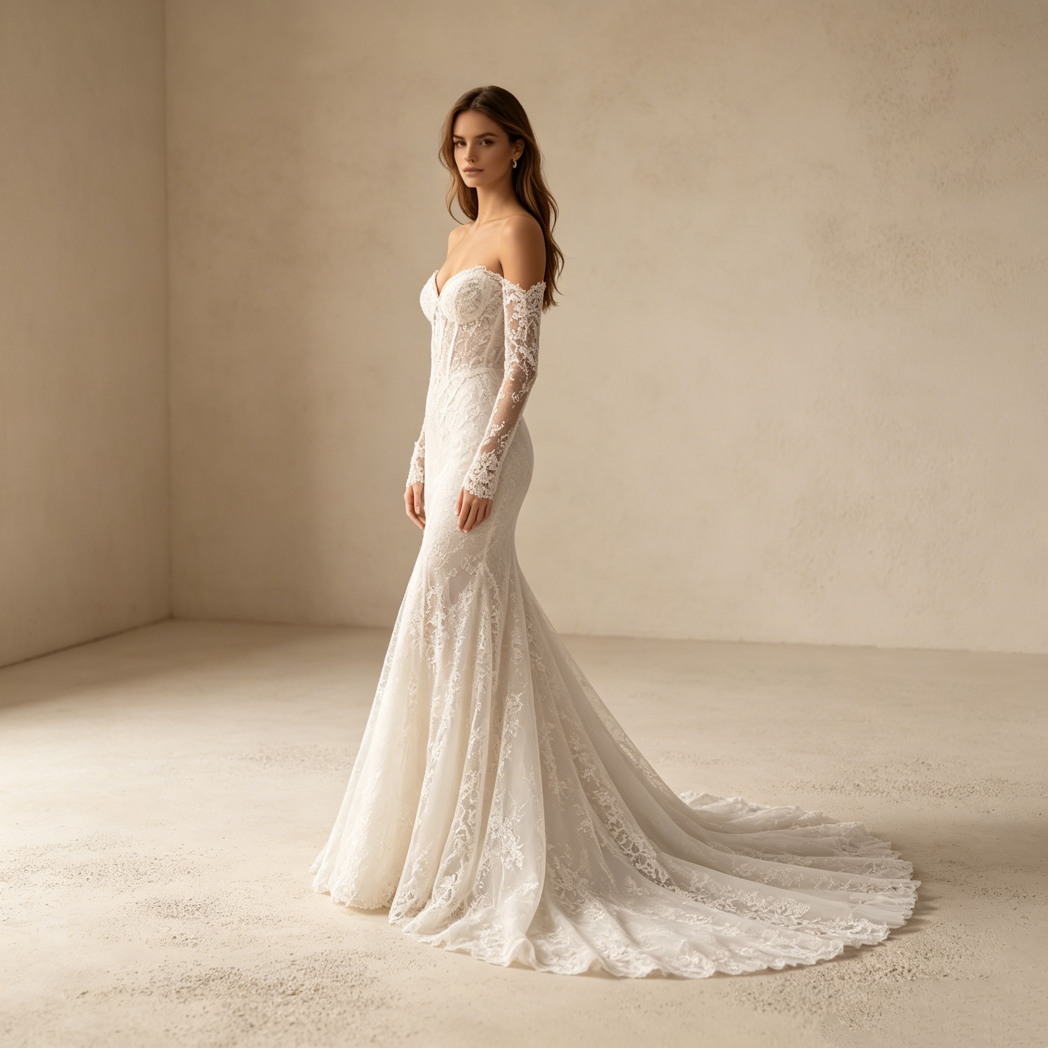Abendkleid in Weiß aus Spitze mit Off-Shoulder-Ärmeln und Meerjungfrau-Schnitt