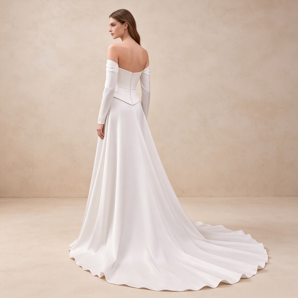 Bodenlanges Langarm-Abendkleid in Elfenbein mit schulterfreiem Ausschnitt, drapiertem Oberteil und A-Linie