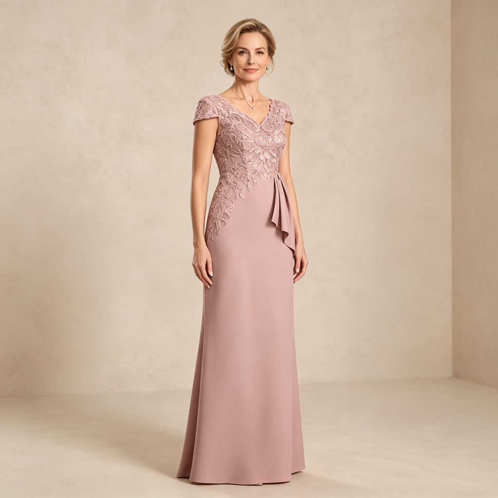 V-Ausschnitt Altrosa Spitzenkleid mit kurzen Ärmeln und asymmetrischer Drapierung für festliche Anlässe