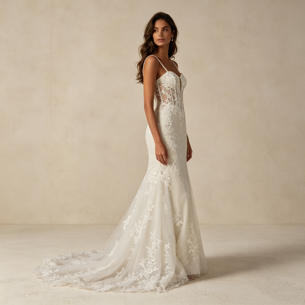 Exklusives Meerjungfrau-Maxikleid mit Illusions-Korsett – Elegantes Abendkleid mit floraler Spitze und Schleppe