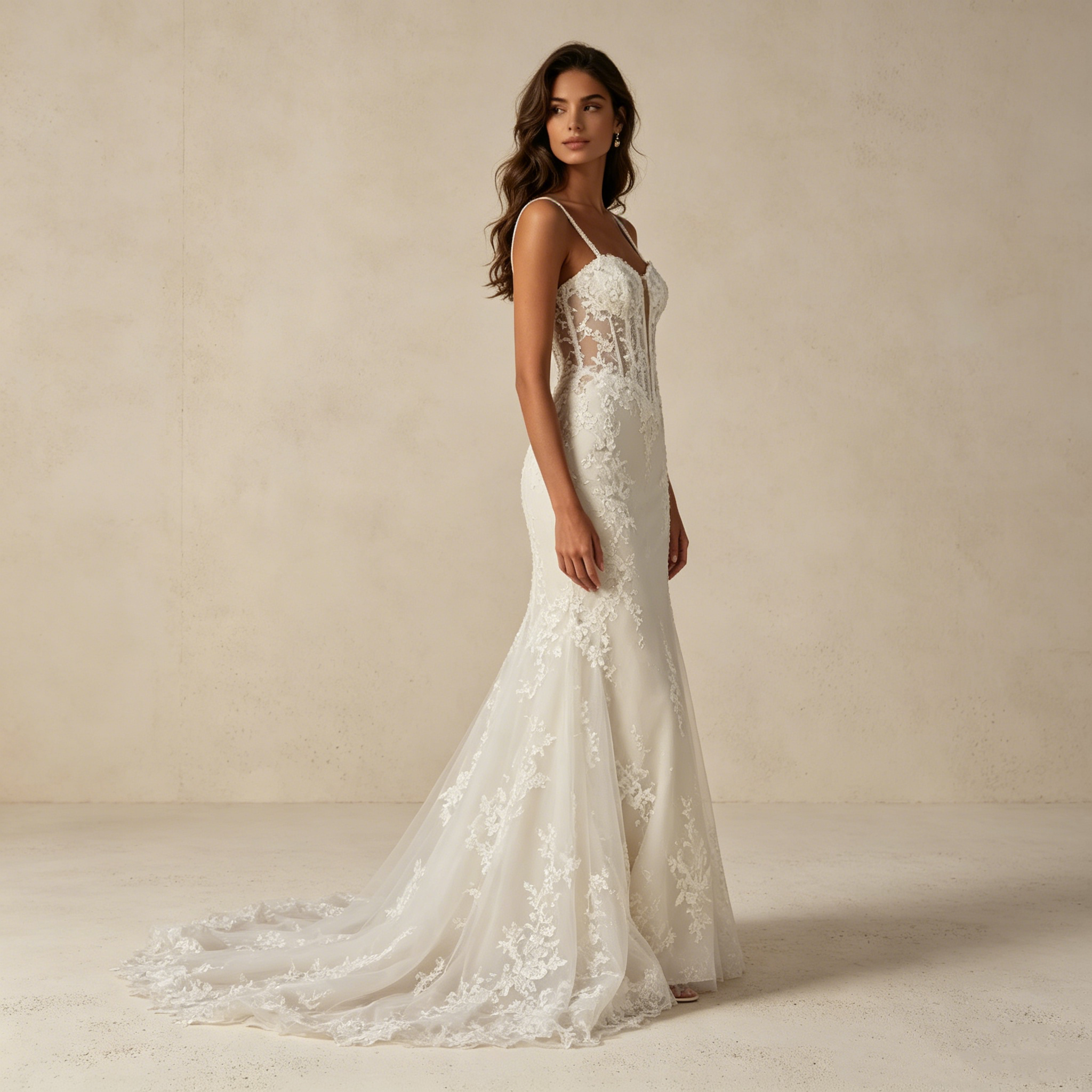 Exklusives Meerjungfrau-Maxikleid mit Illusions-Korsett – Elegantes Abendkleid mit floraler Spitze und Schleppe