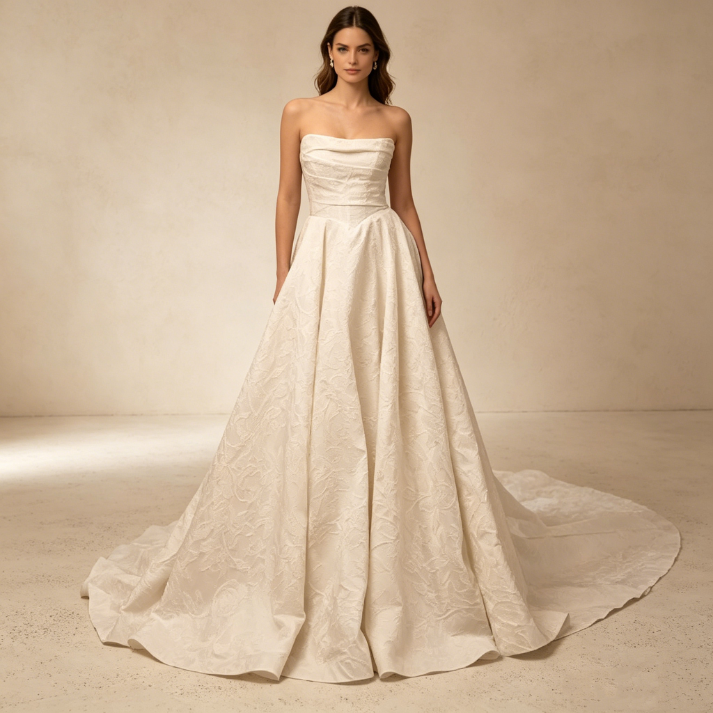 Elegantes trägerloses Jacquard-Abendkleid mit Corsagen-Mieder | Maßanfertigung
