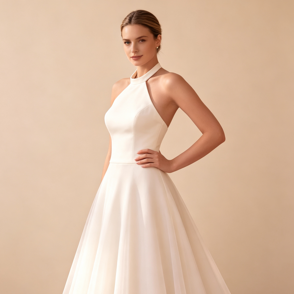 Halter‑Langkleid für Damen mit taillierter Oberpartie, luftigem vollem Rock und sanfter Schleppe