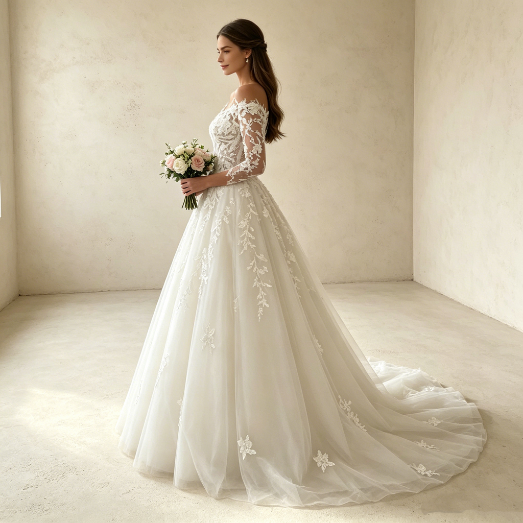 A-Linie Abendkleid mit Spitzen-Langärmeln Elegantes Prinzessin Ballkleid Tüll Maxikleid - Elfenbein