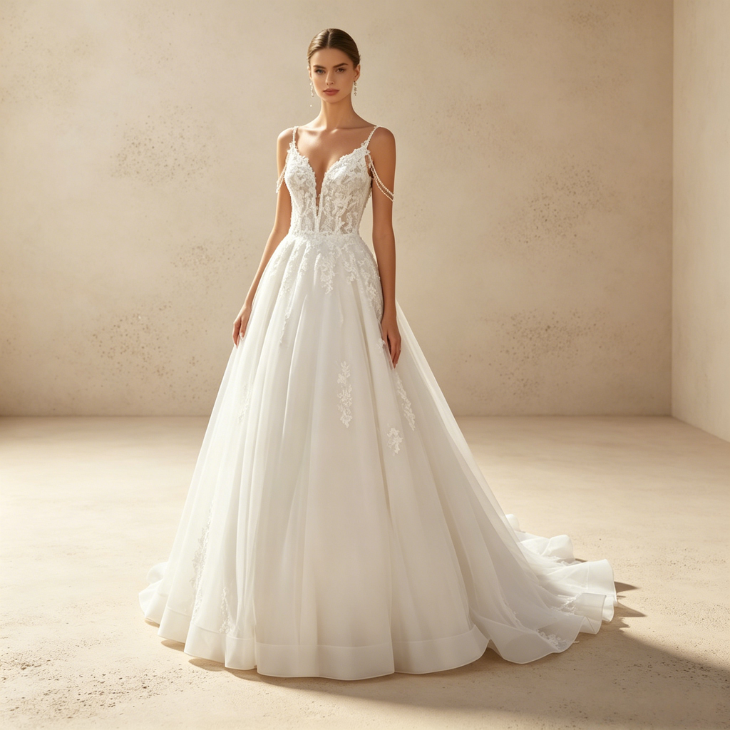 Elegantes Abendkleid in A-Linie mit Spitzen-Applikationen und Perlen-Trägern – Weiß