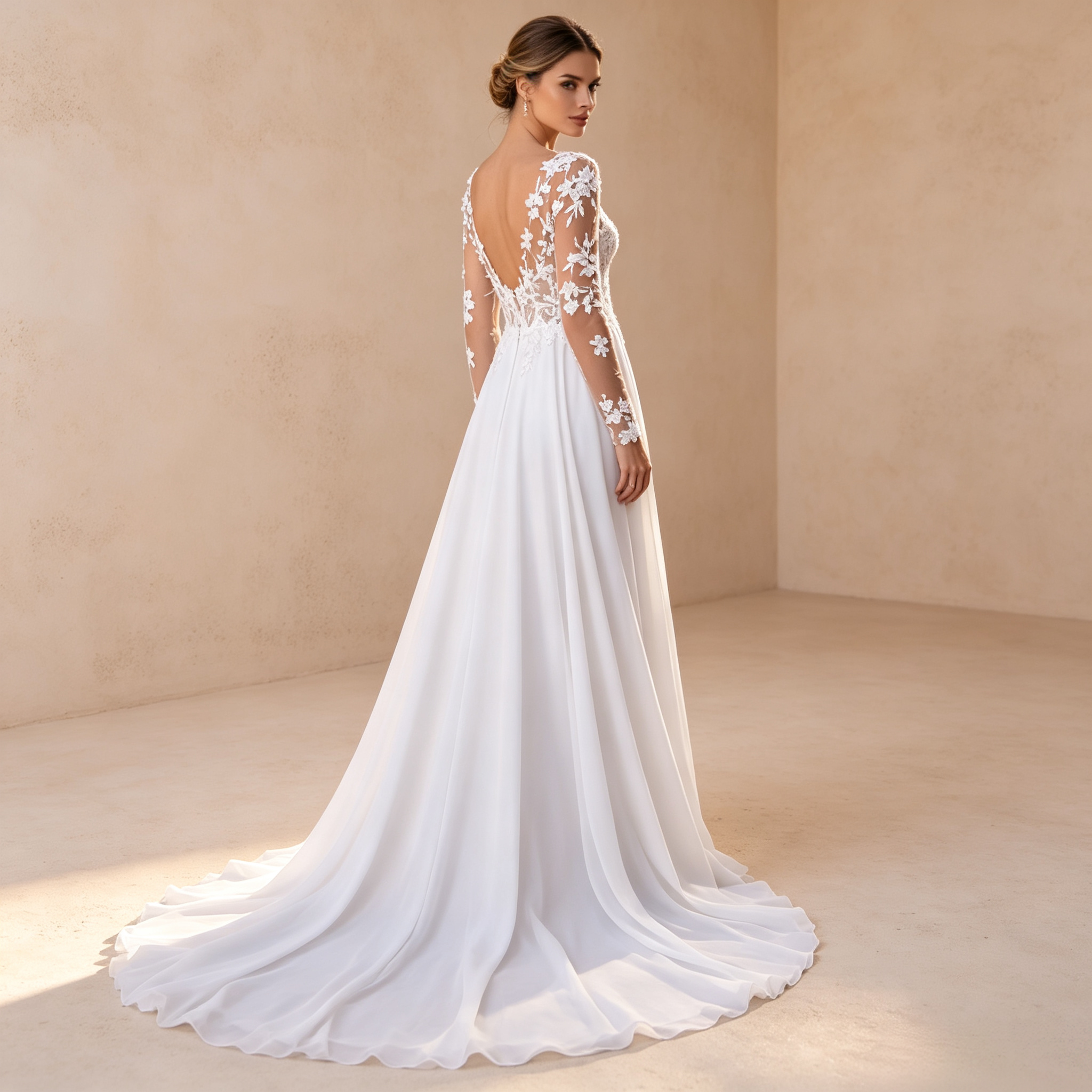 Bodenlanges Langarm-Abendkleid in Elfenbein mit Spitzenoberteil, V-Ausschnitt, hohem Beinschlitz und A-Linie