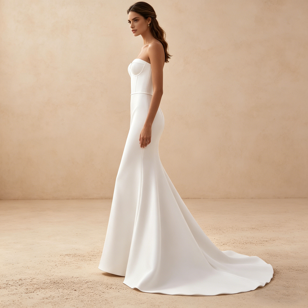Elegantes Abendkleid in Reinweiß, Bodenlanges Maxikleid mit Meerjungfrau-Silhouette, Trägerlose Luxus-Galarobe