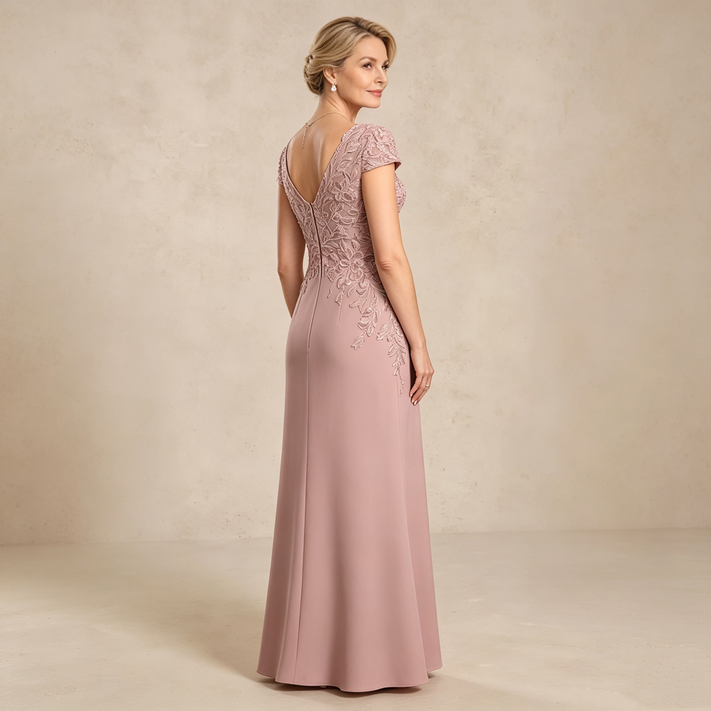 V-Ausschnitt Altrosa Spitzenkleid mit kurzen Ärmeln und asymmetrischer Drapierung für festliche Anlässe