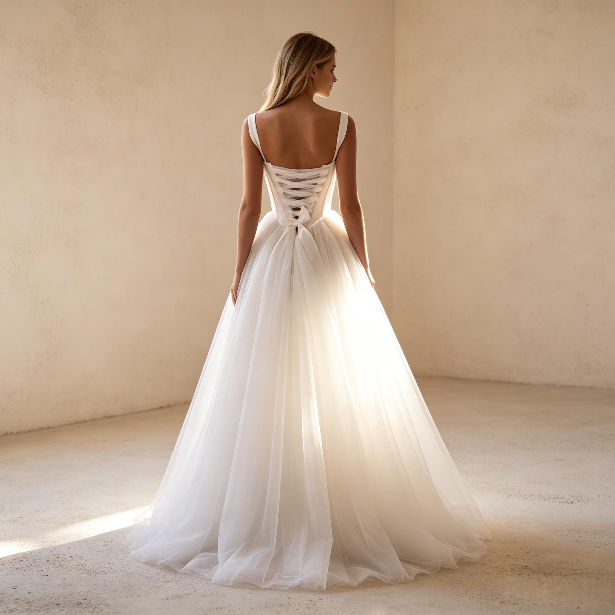 Weiches Satin Korsagen Oberteil Maxikleid mit Volant Tüll Rock, Trägerkleid mit Schnürverschluss am Rücken, luftiges fließendes Langkleid für festliche Anlässe