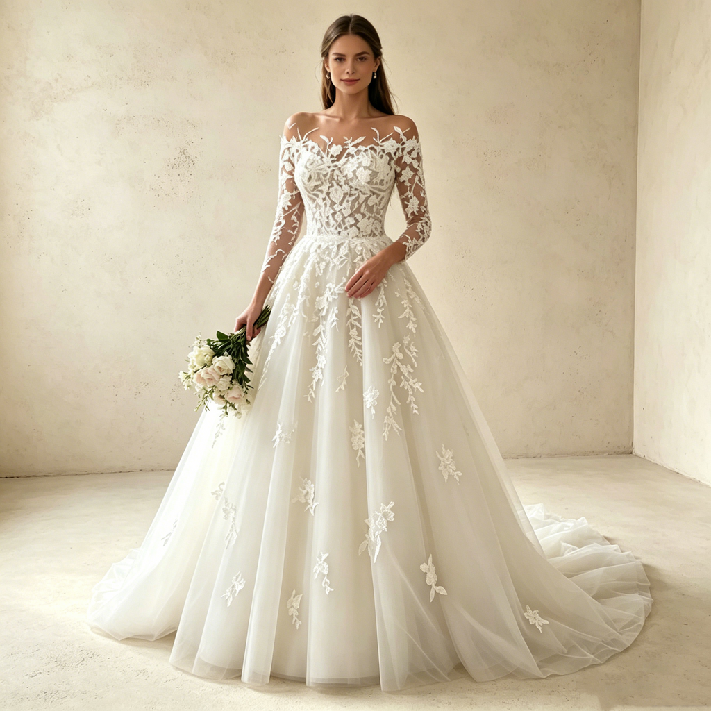A-Linie Abendkleid mit Spitzen-Langärmeln Elegantes Prinzessin Ballkleid Tüll Maxikleid - Elfenbein