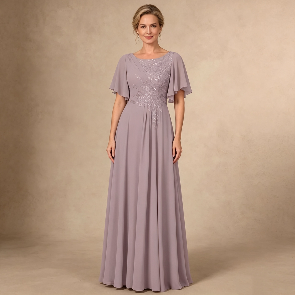 Fliederfarbenes Chiffon Maxikleid mit Flügelärmeln und verziertem Taillenbereich für formelle Abendanlässe