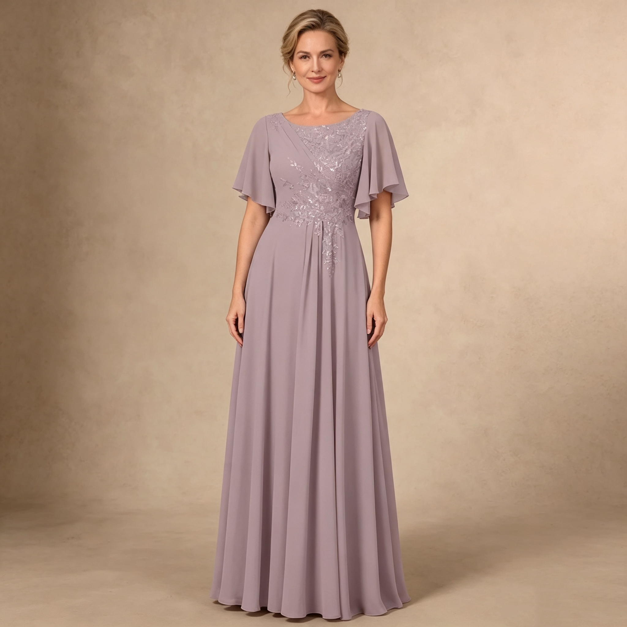 Fliederfarbenes Chiffon Maxikleid mit Flügelärmeln und verziertem Taillenbereich für formelle Abendanlässe