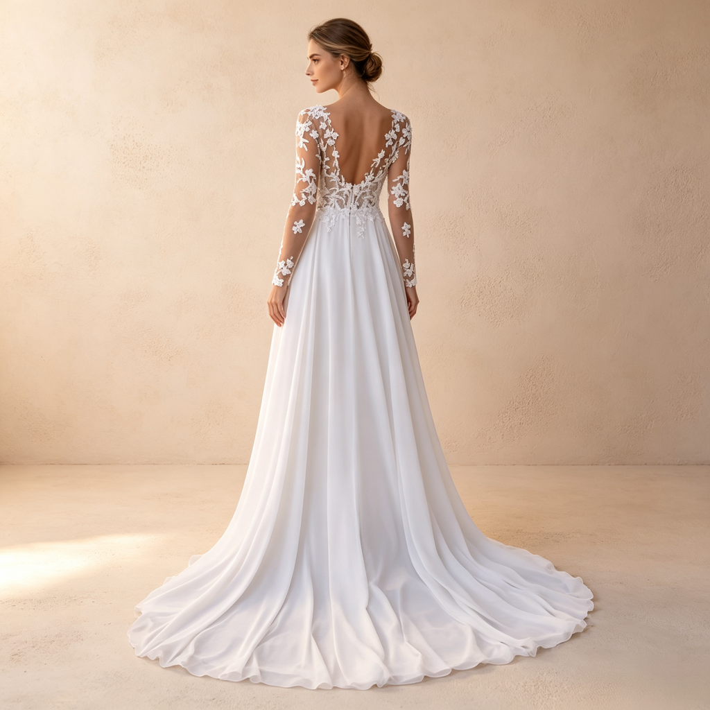 Bodenlanges Langarm-Abendkleid in Elfenbein mit Spitzenoberteil, V-Ausschnitt, hohem Beinschlitz und A-Linie