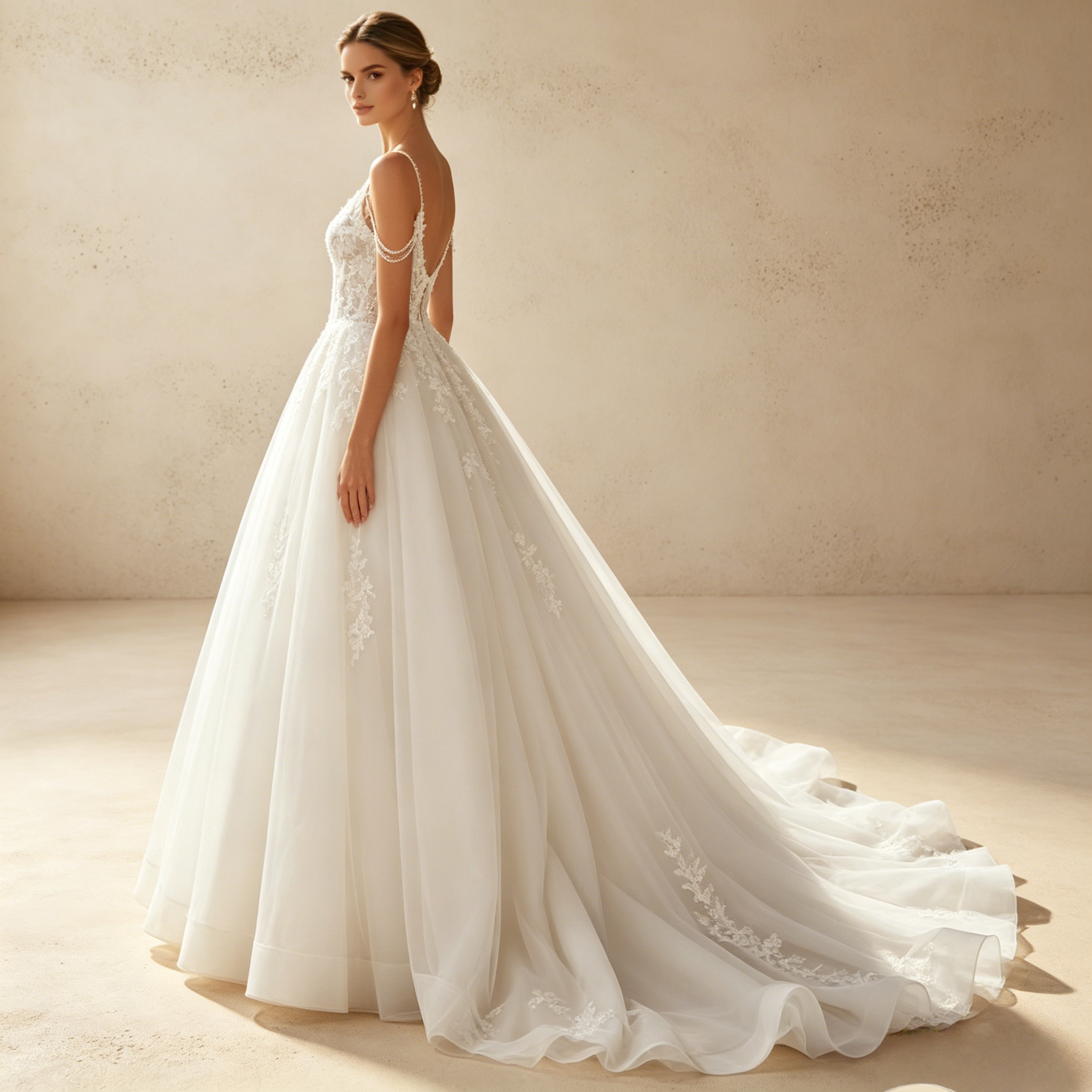 Elegantes Abendkleid in A-Linie mit Spitzen-Applikationen und Perlen-Trägern – Weiß