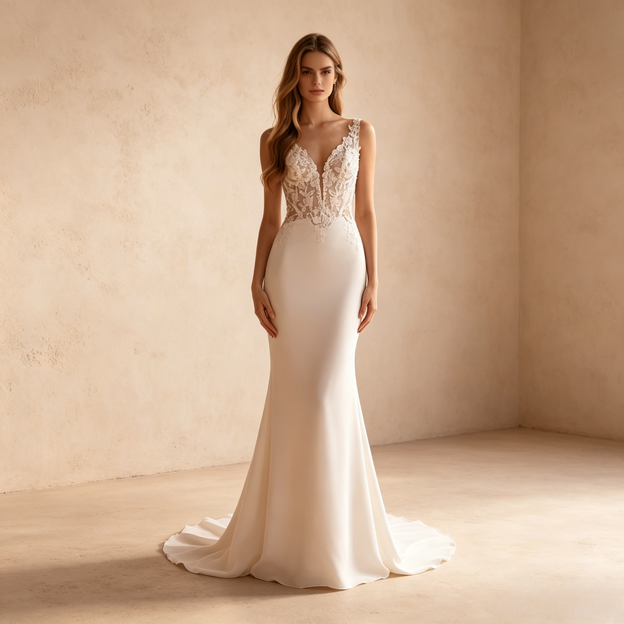 Bodenlanges Abendkleid in Elfenbein mit Spitzenoberteil, V-Ausschnitt und Ärmellosem Design