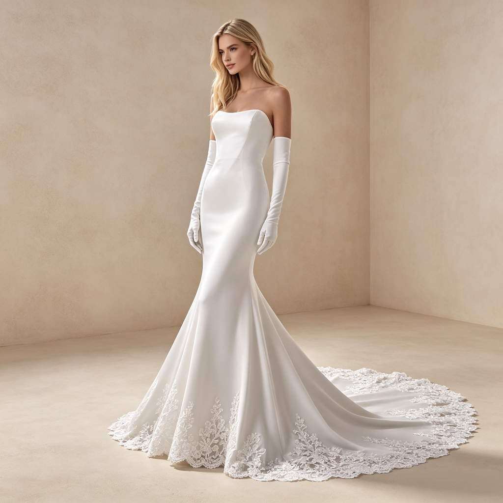 Trägerloses bodenlanges Abendkleid aus Satin in Elfenbein mit Meerjungfrau-Silhouette und Spitzenkante
