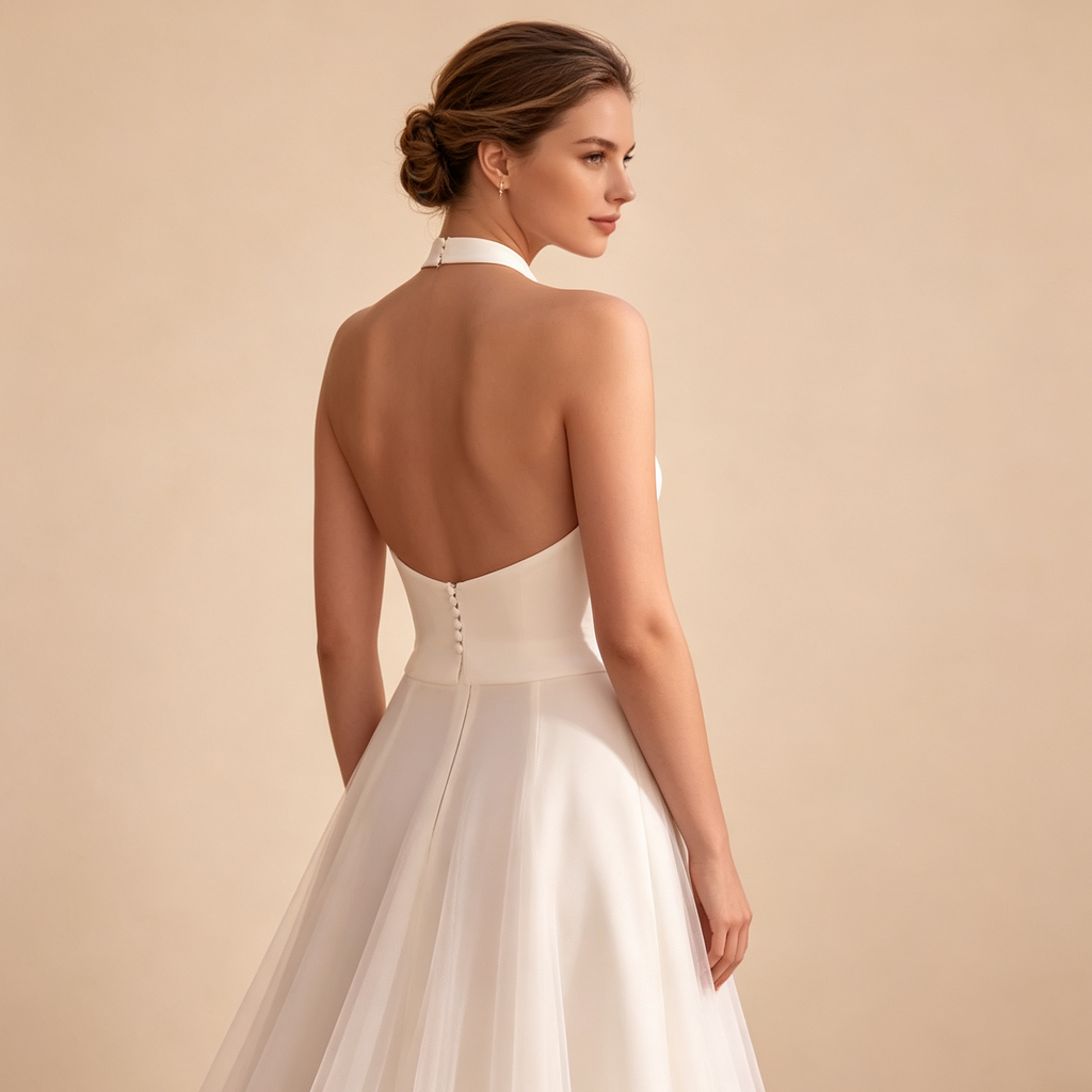 Halter‑Langkleid für Damen mit taillierter Oberpartie, luftigem vollem Rock und sanfter Schleppe