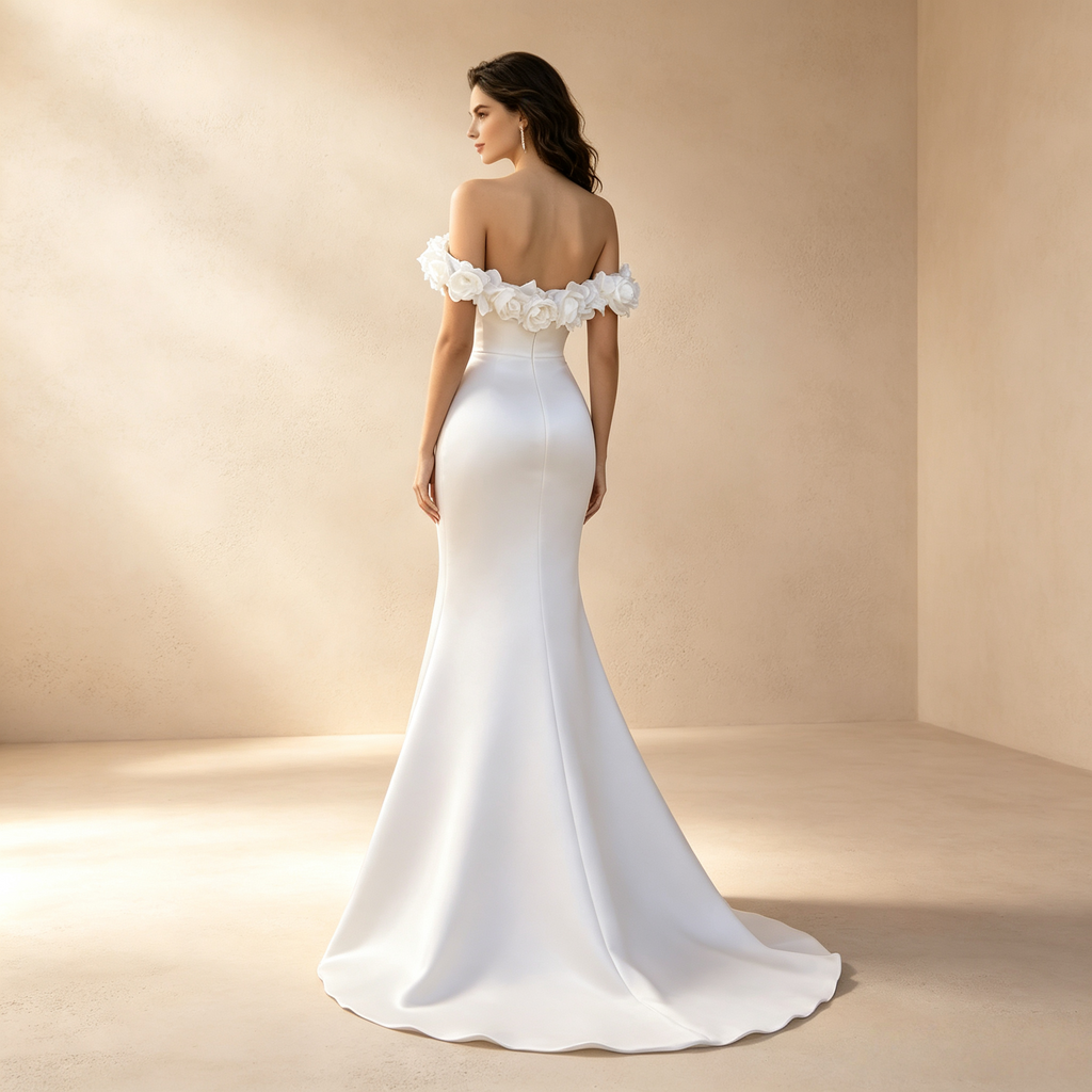 Off-Shoulder Maxi-Abendkleid mit 3D-Rosen und hohem Beinschlitz