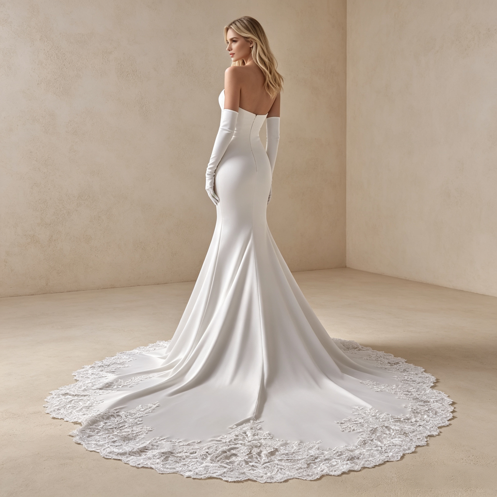 Trägerloses bodenlanges Abendkleid aus Satin in Elfenbein mit Meerjungfrau-Silhouette und Spitzenkante