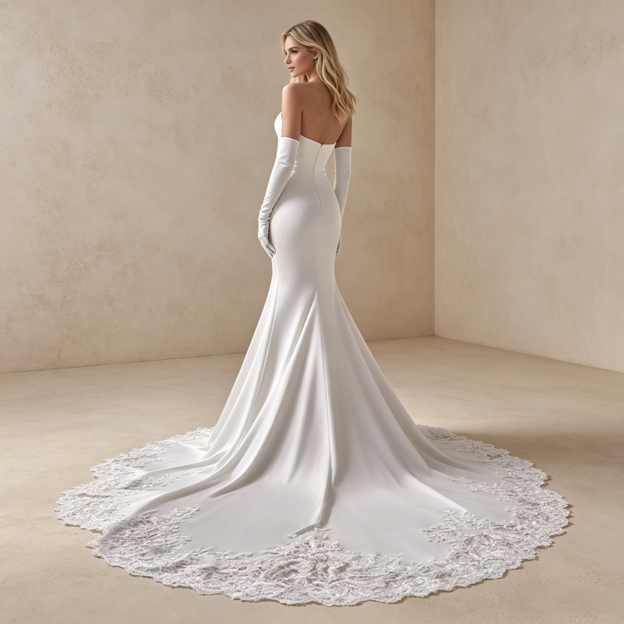 Trägerloses bodenlanges Abendkleid aus Satin in Elfenbein mit Meerjungfrau-Silhouette und Spitzenkante