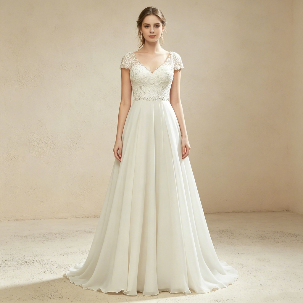 Elegantes weißes Maxikleid aus Chiffon mit floraler Spitze, exklusives Abendkleid mit V-Ausschnitt und kurzen Ärmeln