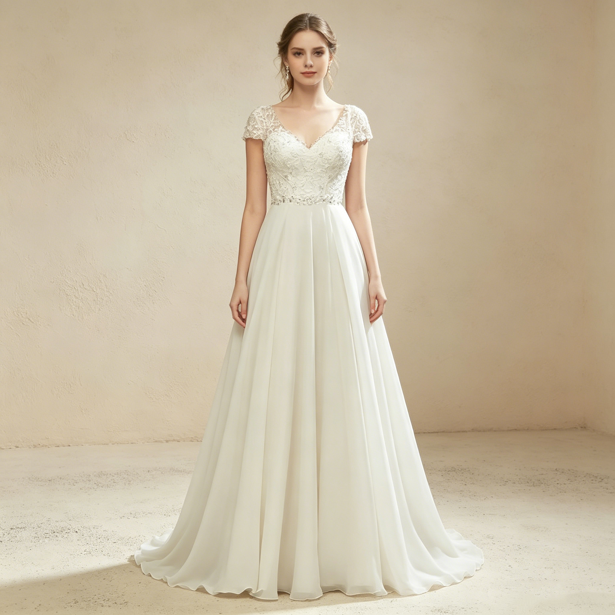 Elegantes weißes Maxikleid aus Chiffon mit floraler Spitze, exklusives Abendkleid mit V-Ausschnitt und kurzen Ärmeln