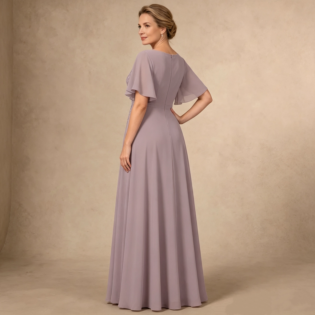 Fliederfarbenes Chiffon Maxikleid mit Flügelärmeln und verziertem Taillenbereich für formelle Abendanlässe