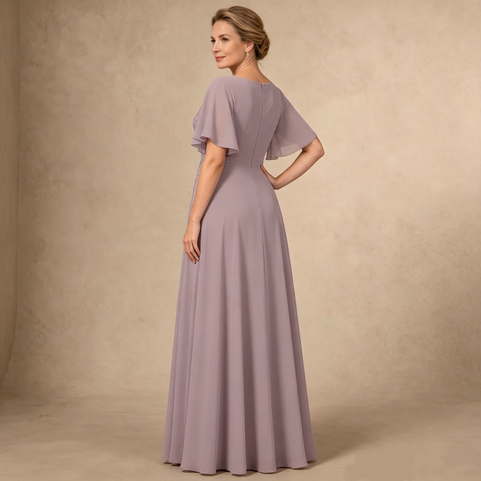 Fliederfarbenes Chiffon Maxikleid mit Flügelärmeln und verziertem Taillenbereich für formelle Abendanlässe
