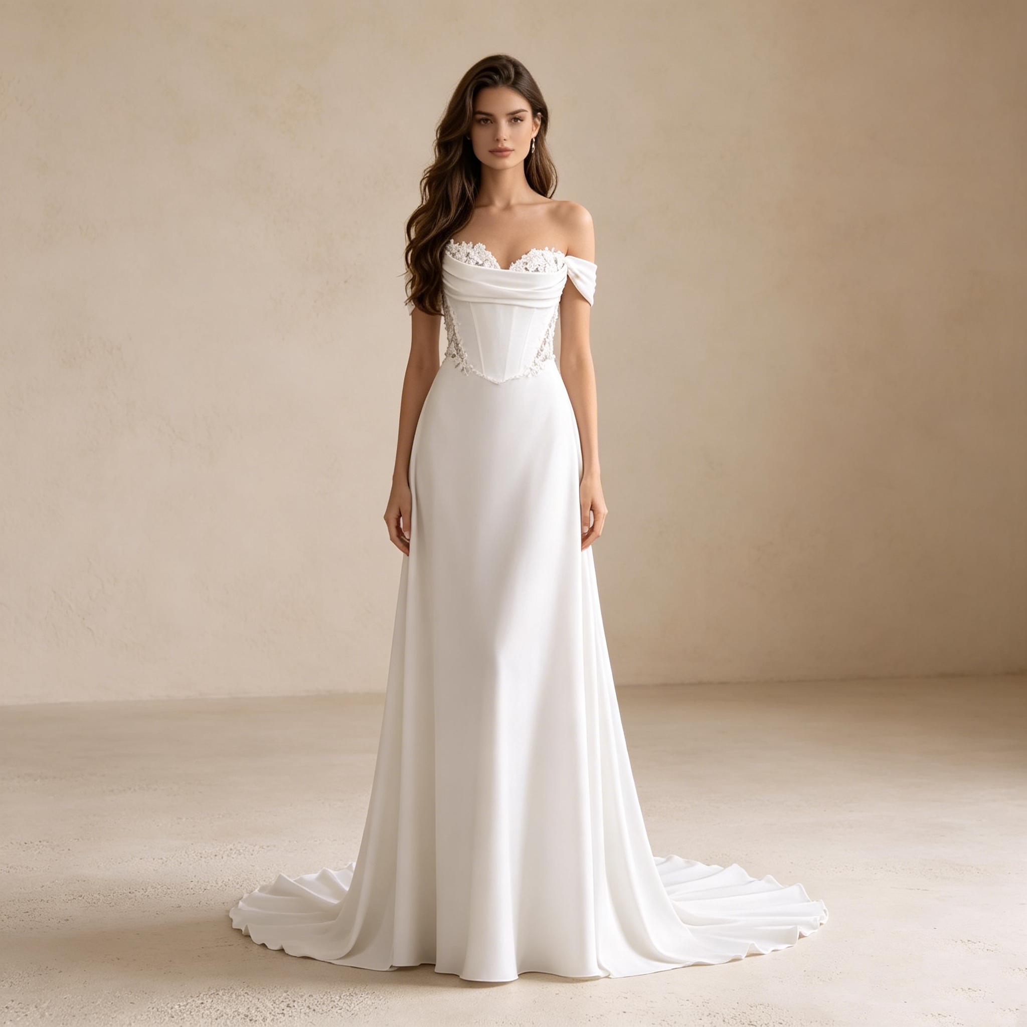 Elegantes Off-Shoulder Maxikleid aus Satin – Exklusives Abendkleid mit Korsett-Detail und fließender Schleppe