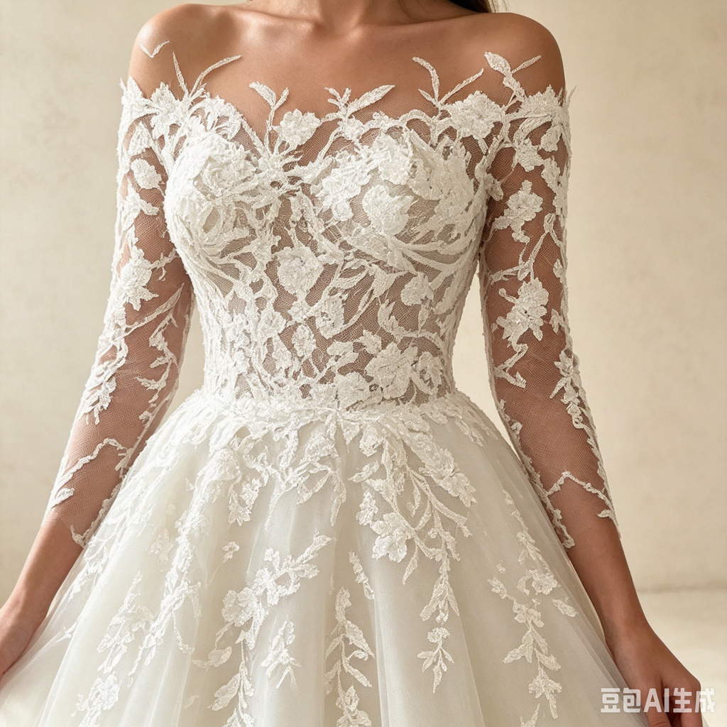 A-Linie Abendkleid mit Spitzen-Langärmeln Elegantes Prinzessin Ballkleid Tüll Maxikleid - Elfenbein