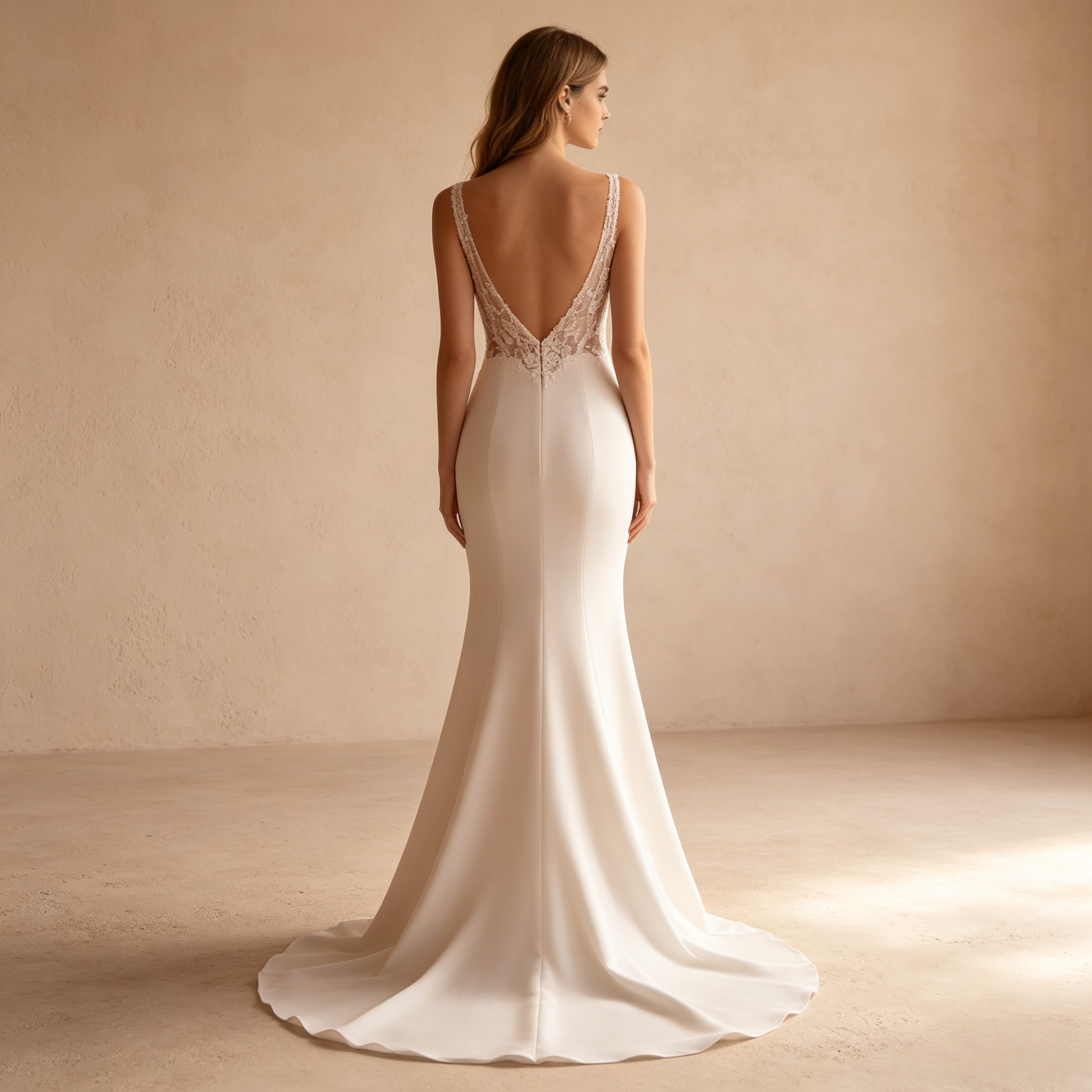 Bodenlanges Abendkleid in Elfenbein mit Spitzenoberteil, V-Ausschnitt und Ärmellosem Design