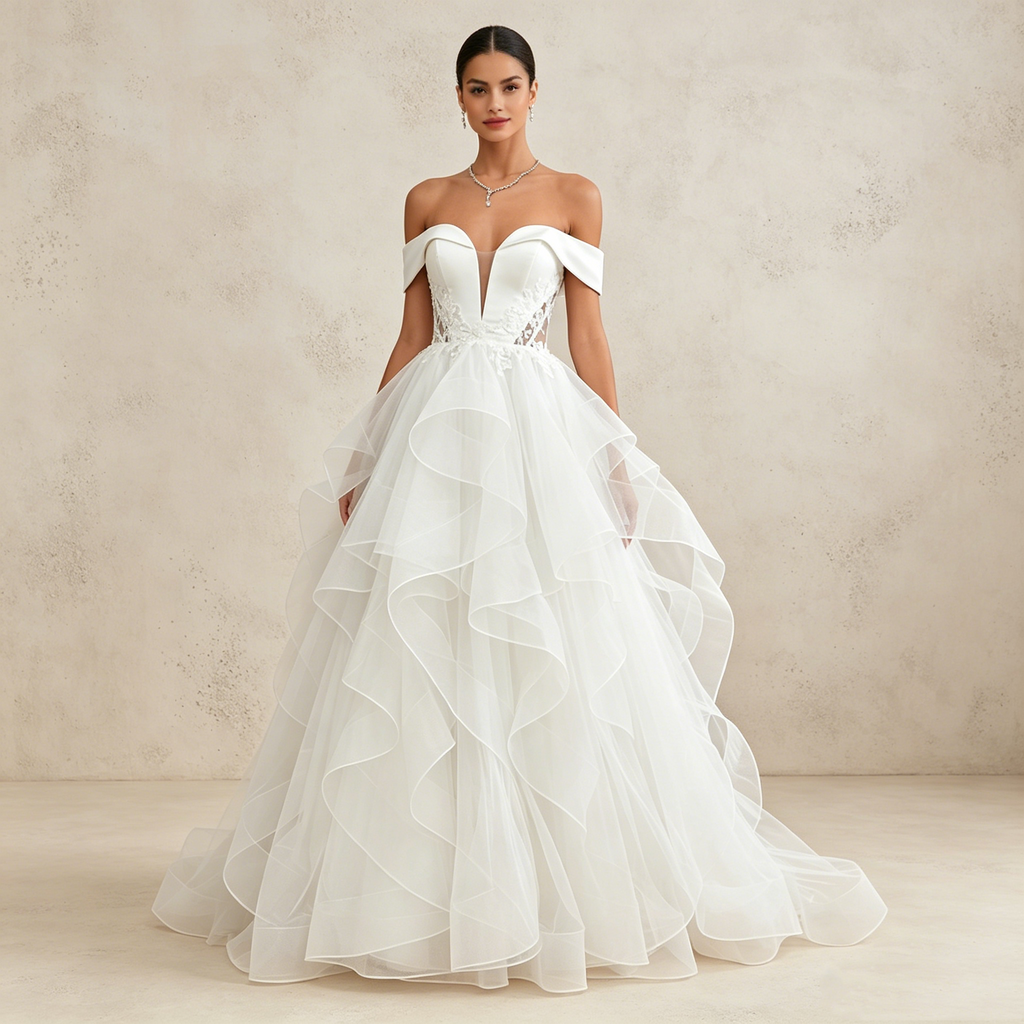 Elegantes Off-Shoulder Abendkleid mit Volant-Rock und V-Ausschnitt | Maßanfertigung
