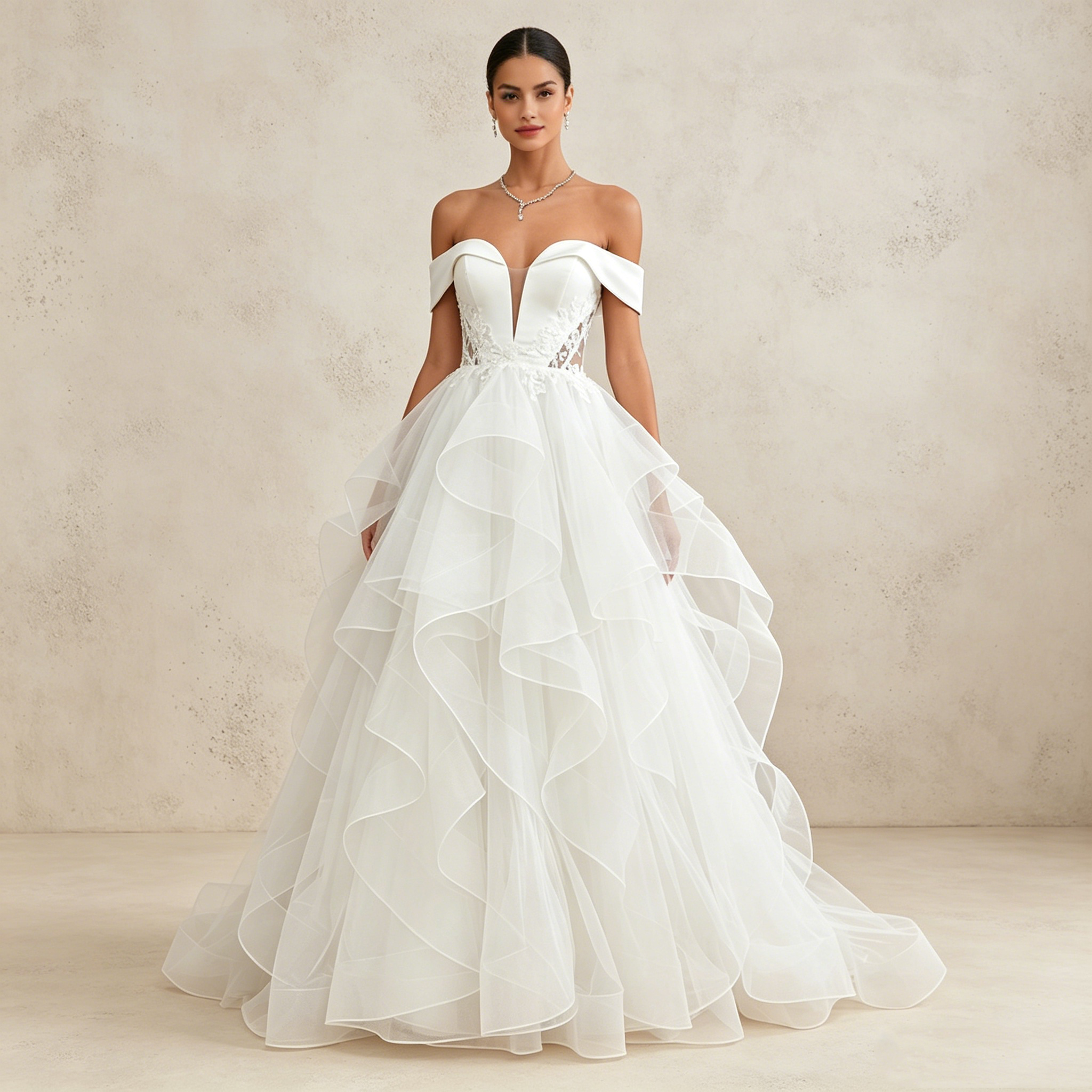 Elegantes Off-Shoulder Abendkleid mit Volant-Rock und V-Ausschnitt | Maßanfertigung