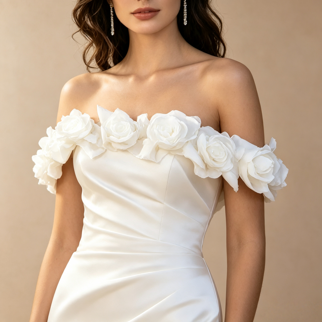 Off-Shoulder Maxi-Abendkleid mit 3D-Rosen und hohem Beinschlitz