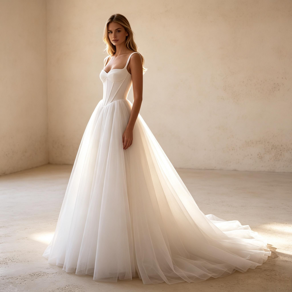 Weiches Satin Korsagen Oberteil Maxikleid mit Volant Tüll Rock, Trägerkleid mit Schnürverschluss am Rücken, luftiges fließendes Langkleid für festliche Anlässe
