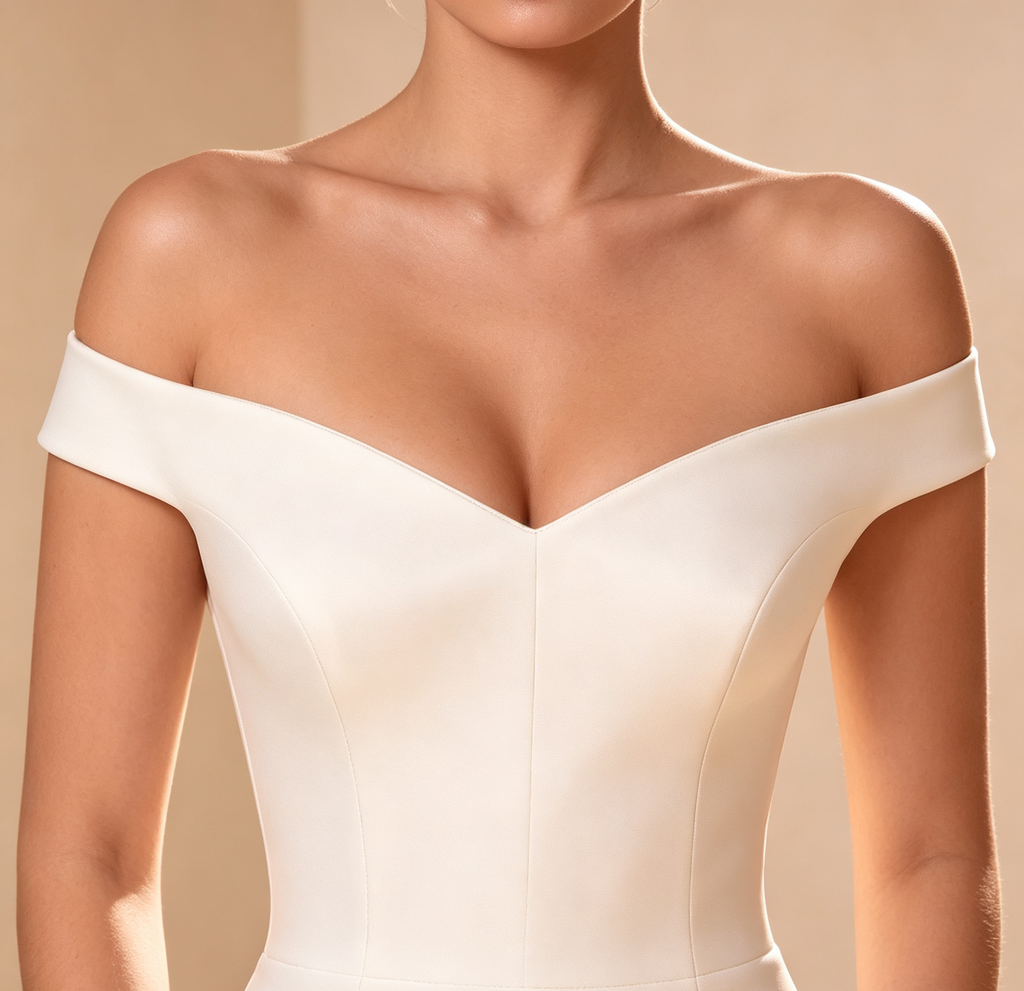 Off-weißes Schulterfreies Kleid, figurbetontes Knielanges Design, Satin-Optik, für festliche Anlässe