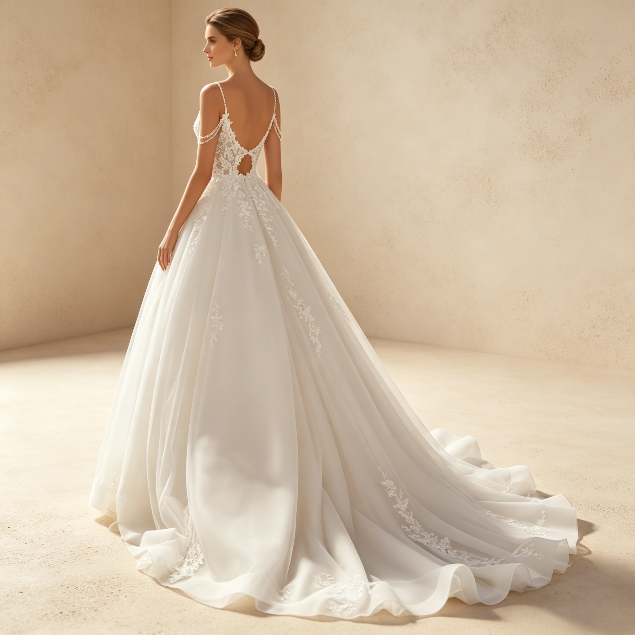 Elegantes Abendkleid in A-Linie mit Spitzen-Applikationen und Perlen-Trägern – Weiß
