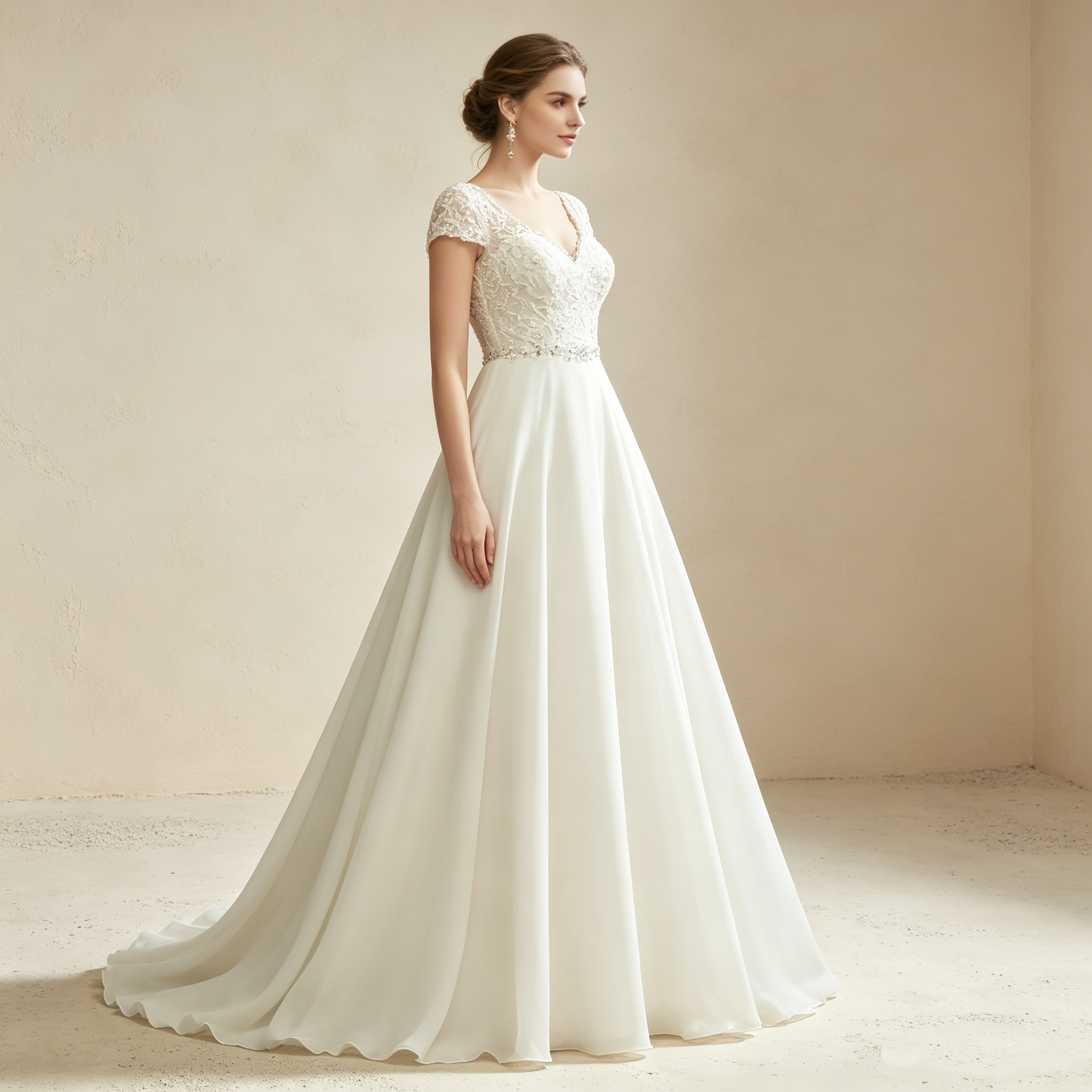 Elegantes weißes Maxikleid aus Chiffon mit floraler Spitze, exklusives Abendkleid mit V-Ausschnitt und kurzen Ärmeln