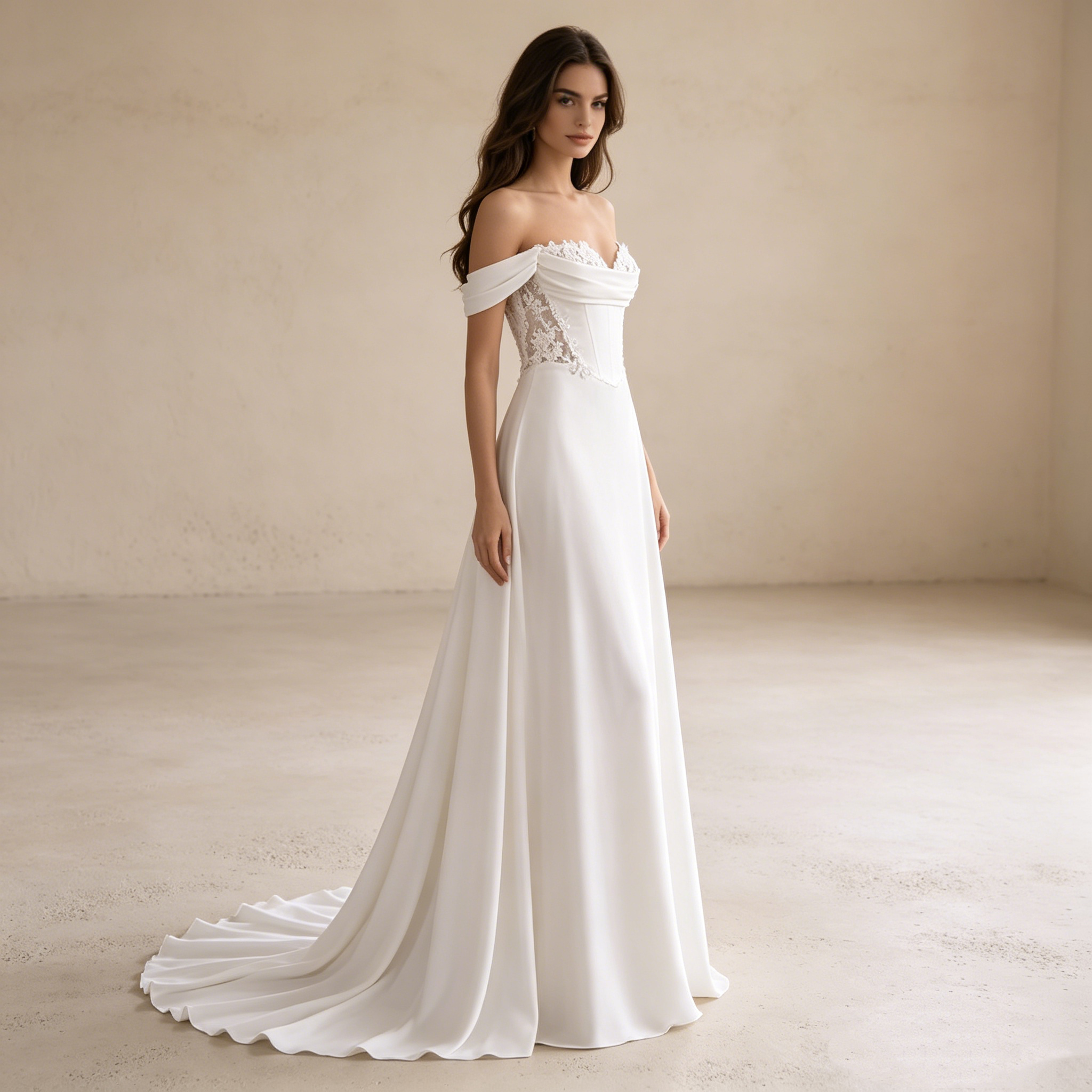 Elegantes Off-Shoulder Maxikleid aus Satin – Exklusives Abendkleid mit Korsett-Detail und fließender Schleppe
